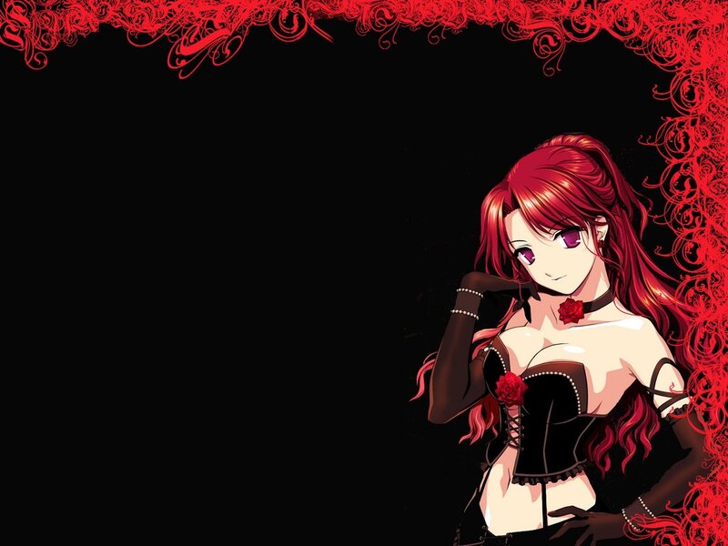 red-haired anime woman in corset
