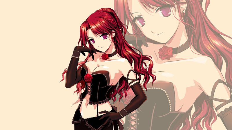 red-haired anime woman in corset