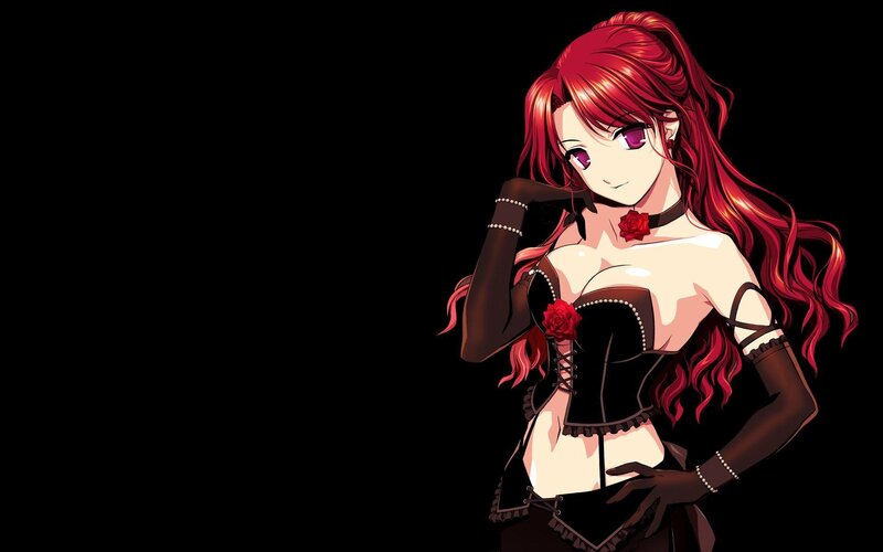 red-haired anime woman in corset