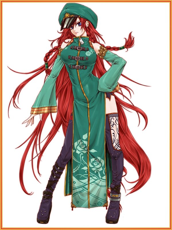 red-haired anime woman in green coat