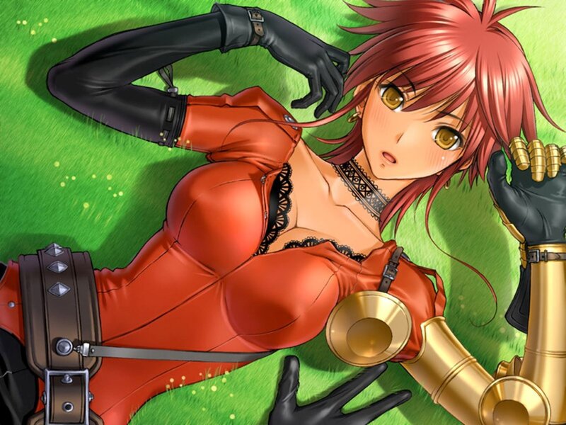 red-haired anime woman on grass