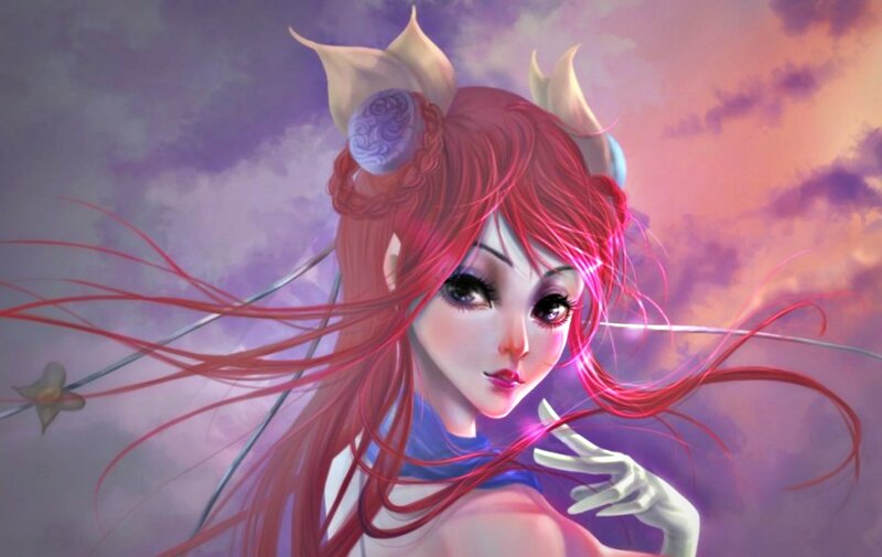 Red-haired Anime Woman — Purple, Dramatic, Sunset
