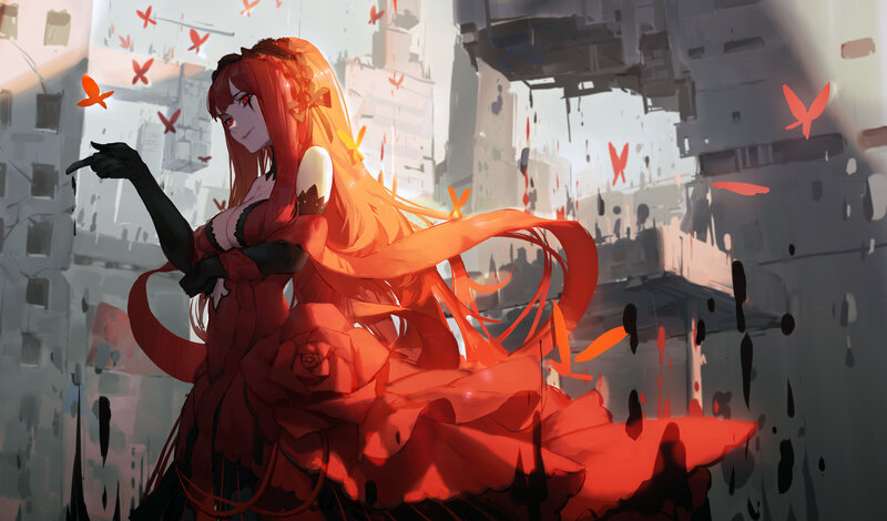 Red-haired Anime Woman — Red, Dramatic, Digital Art, Butterflies