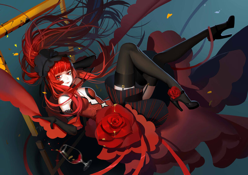 Red-haired Anime Woman — Red, Dramatic, Digital Art, Rose