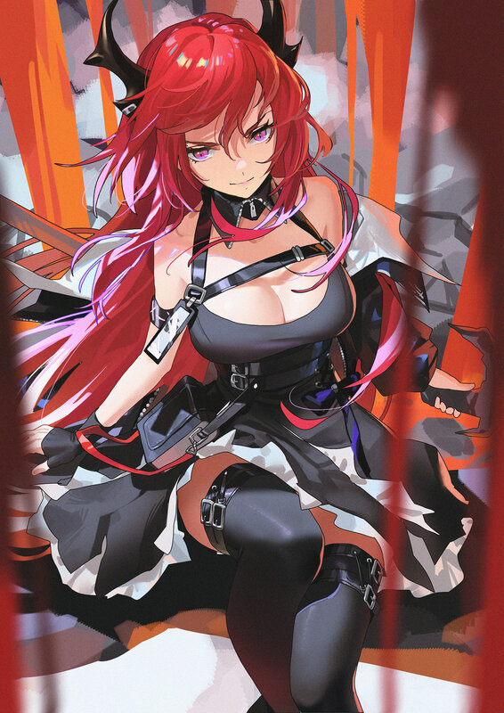 Red-haired Anime Woman — Red, Dramatic, Horns, Black Outfit, Skirt