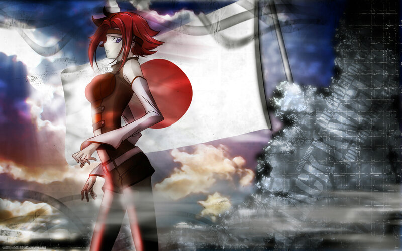 Red-haired Anime Woman — Red, Dramatic, Japanese Flag, Clouds
