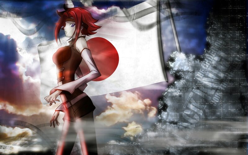 Red-haired Anime Woman — Red, Dramatic, Japanese Flag