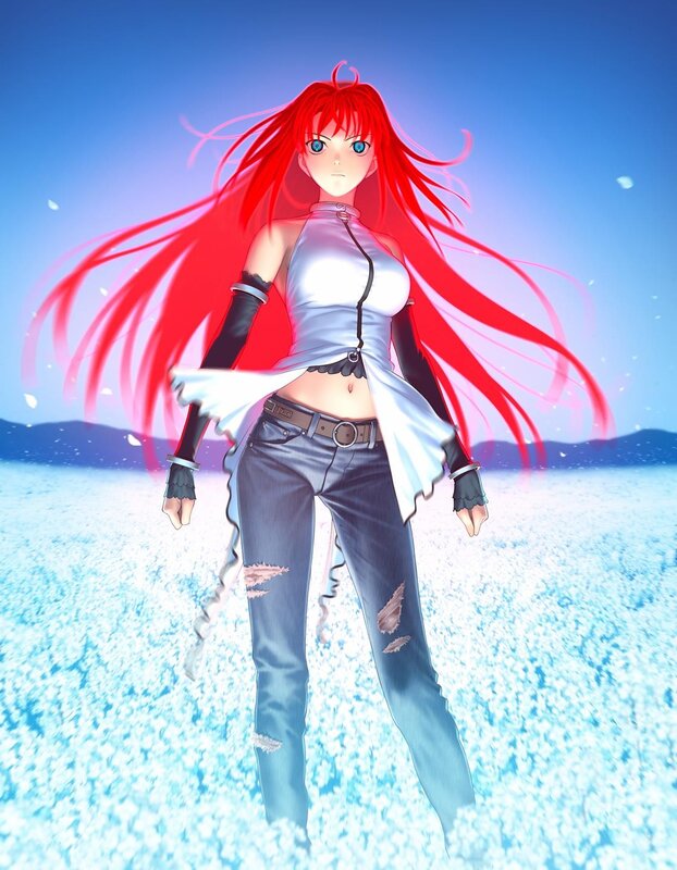 Red-haired Anime Woman — Red, Dramatic, Long Red Hair, Ripped Jeans