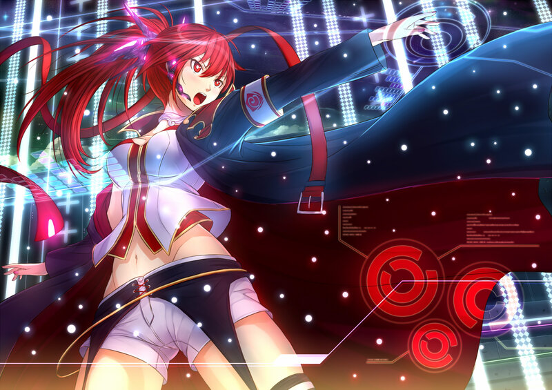Red-haired Anime Woman — Red, Dramatic, Night, Anime Character, Digital Interface, Light Effects