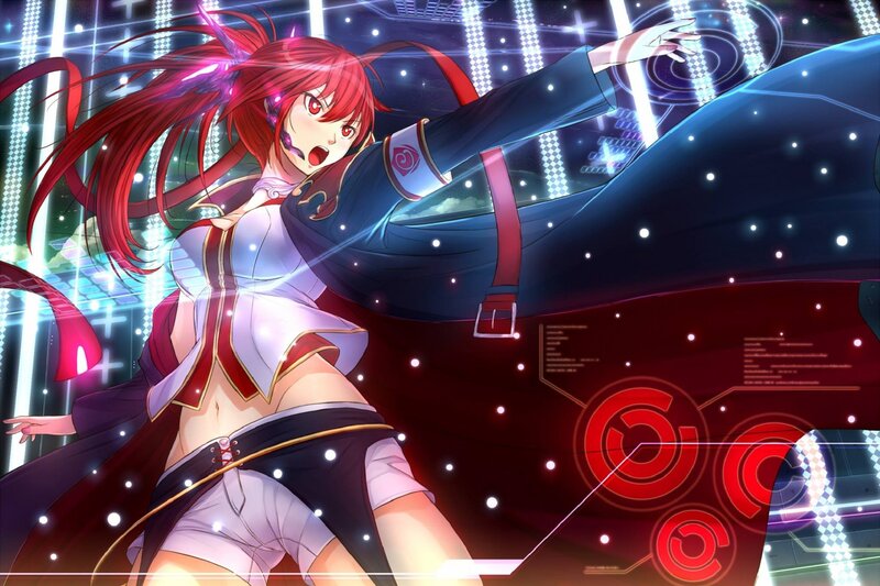 Red-haired Anime Woman — Red, Dramatic, Night, Anime Character, Digital Interface