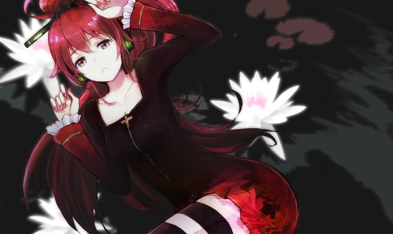Red-haired Anime Woman — Red, Dramatic, Night, White Flowers
