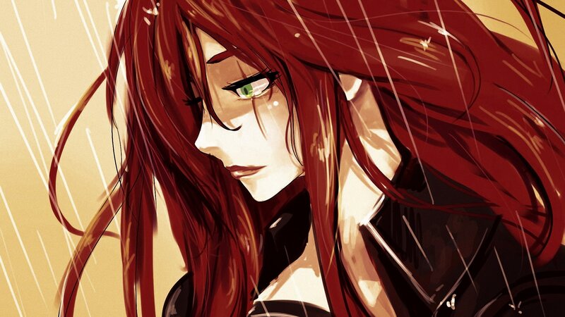 Red-haired Anime Woman — Red, Dramatic, Rain, Green Eyes