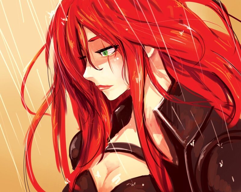 Red-haired Anime Woman — Red, Dramatic, Rain