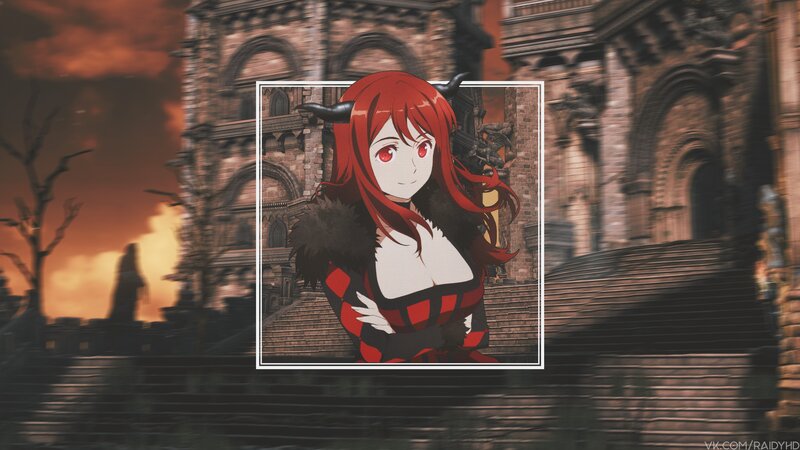 Red-haired Anime Woman — Red, Dramatic, Sunset, Castle