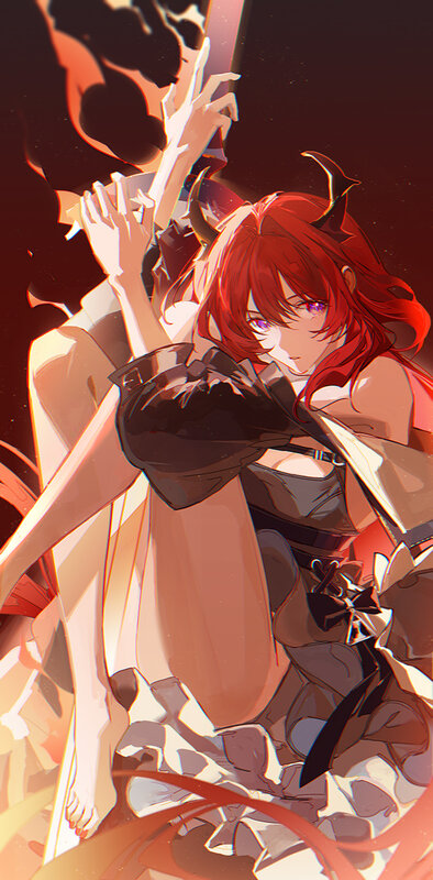 Red-haired Anime Woman — Red, Dramatic, Sword, Horns