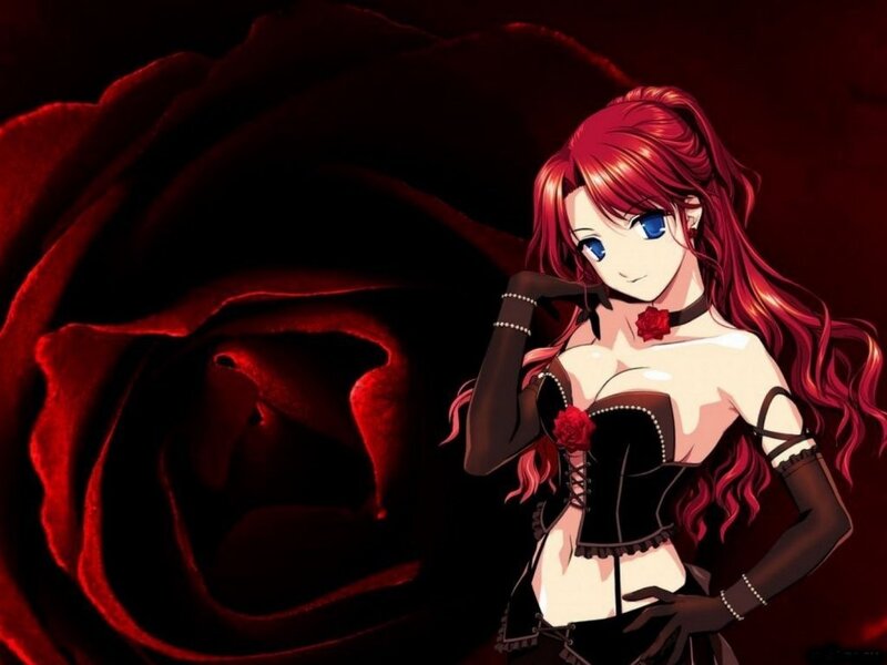 Red-haired anime woman with rose