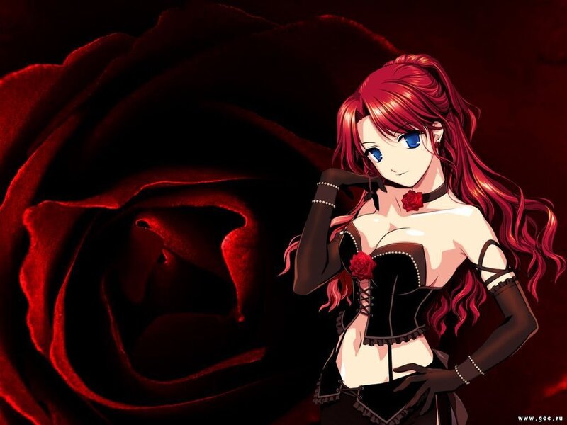 Red-haired anime woman with rose