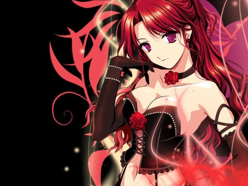 red-haired anime woman with roses