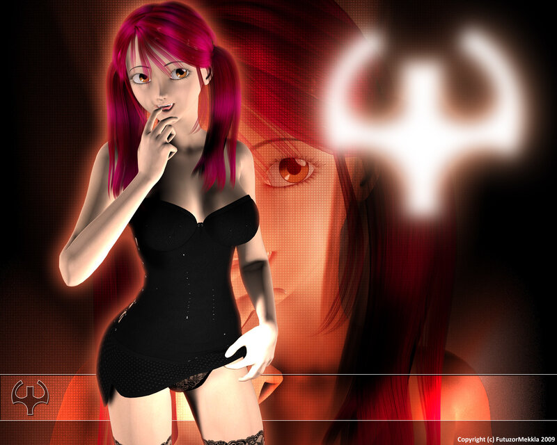 red-haired anime woman with trident