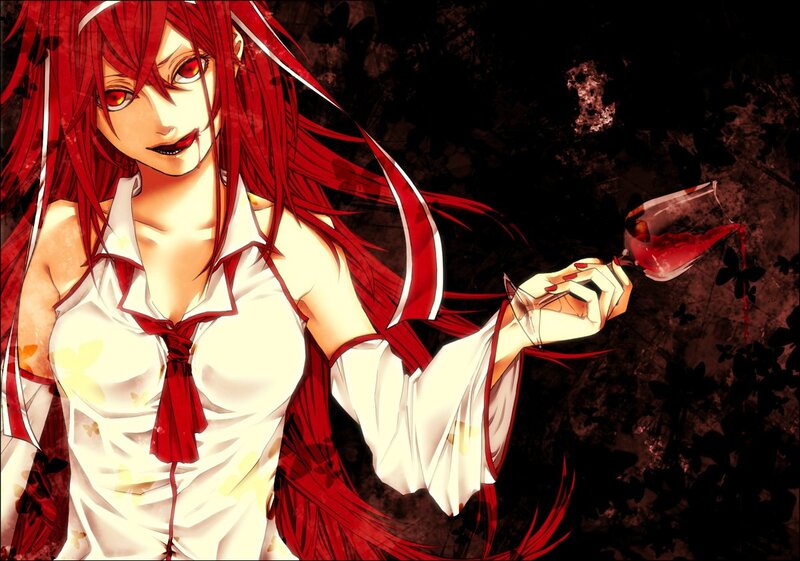 Red-haired anime woman with wine glass