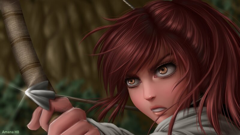 Red-haired Archer Aiming Bow — Red, Intense