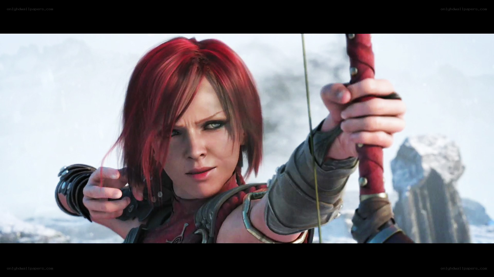 red-haired archer in snowy landscape