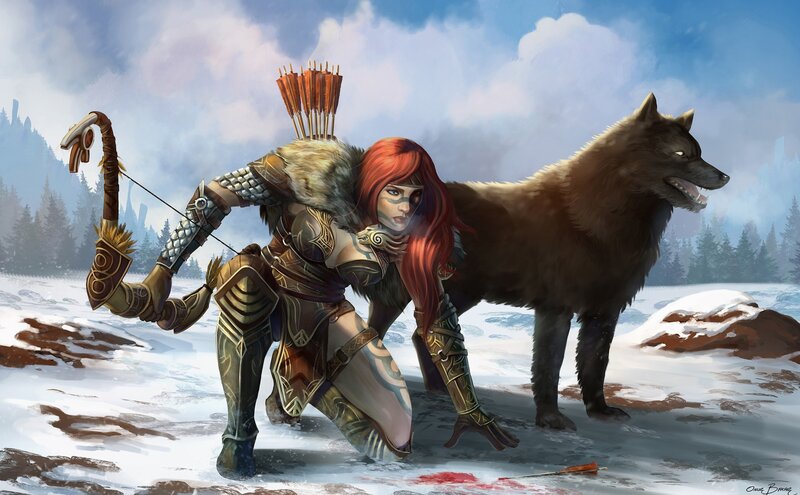 Red-haired Archer with Wolf — White