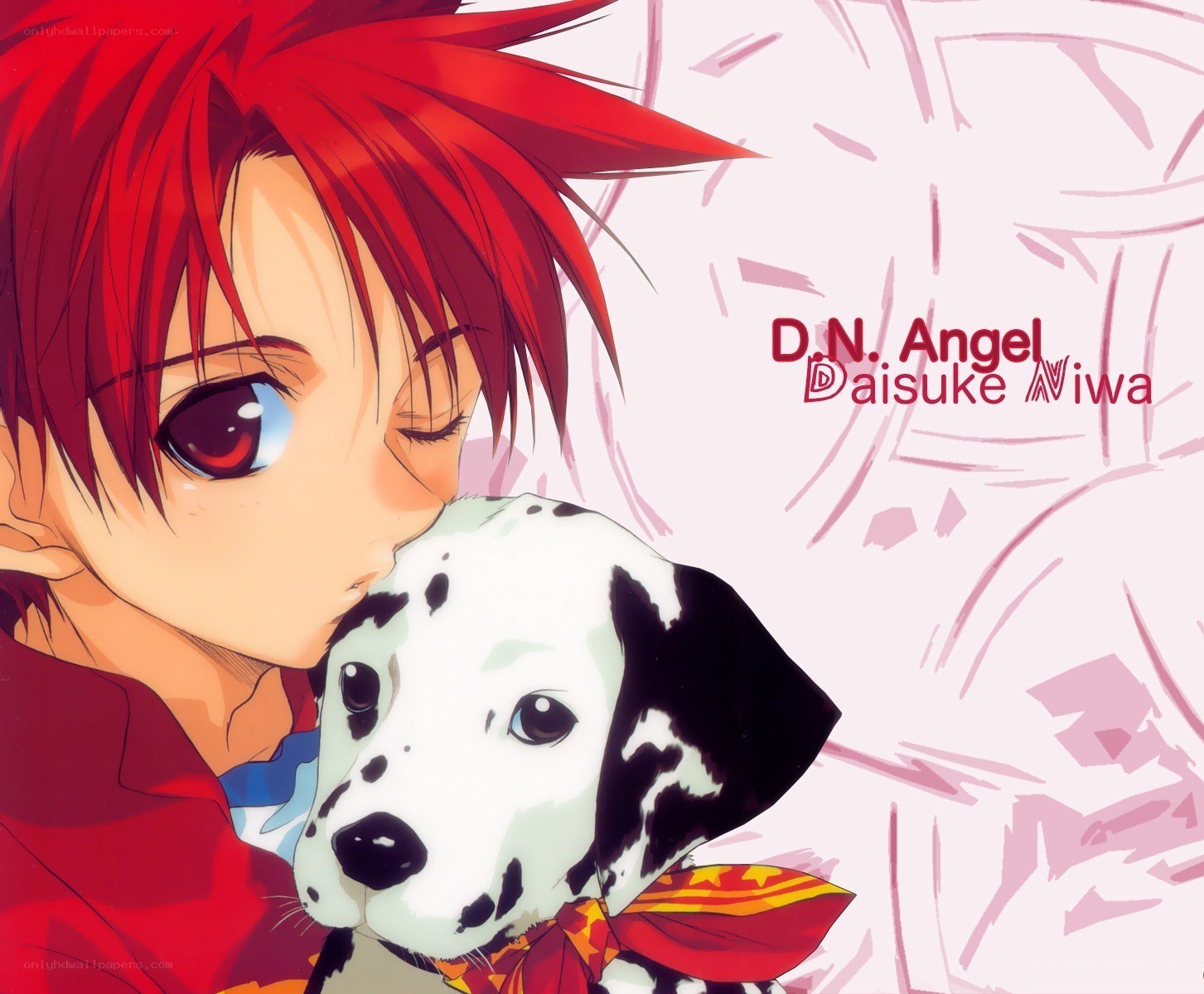 Red-haired boy with dalmatian puppy
