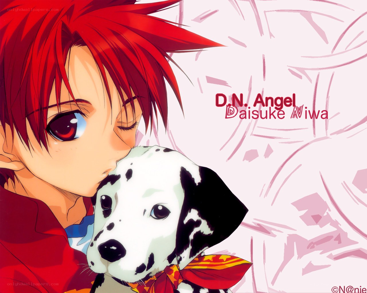 Red-haired boy with dalmatian puppy