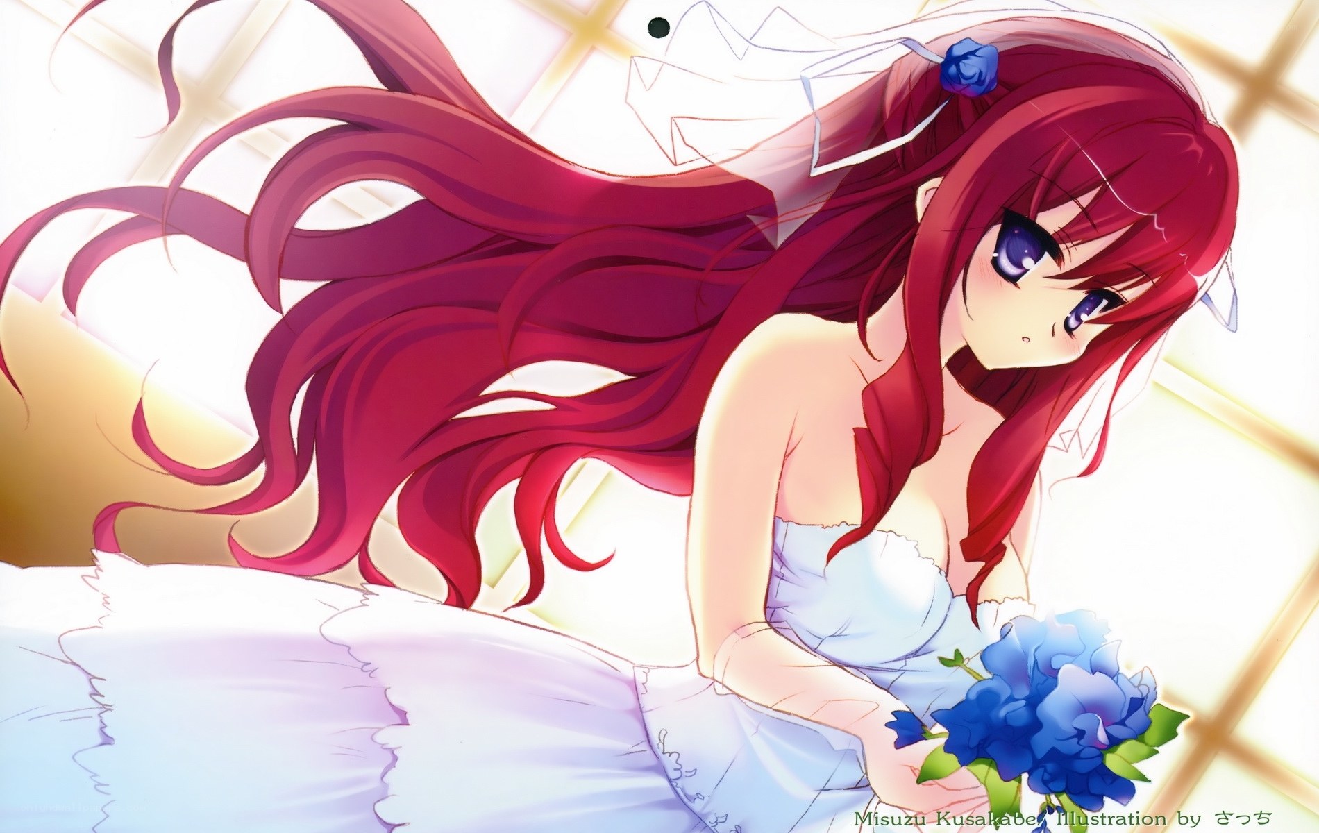 red-haired bride with blue flowers