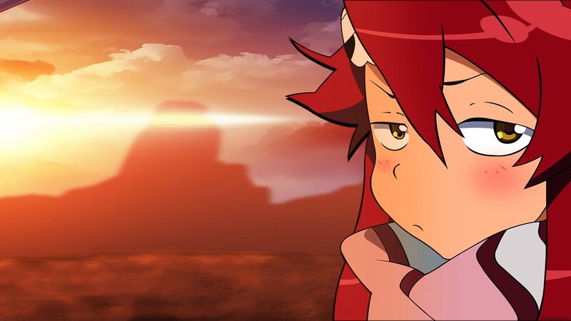 red-haired character at sunset