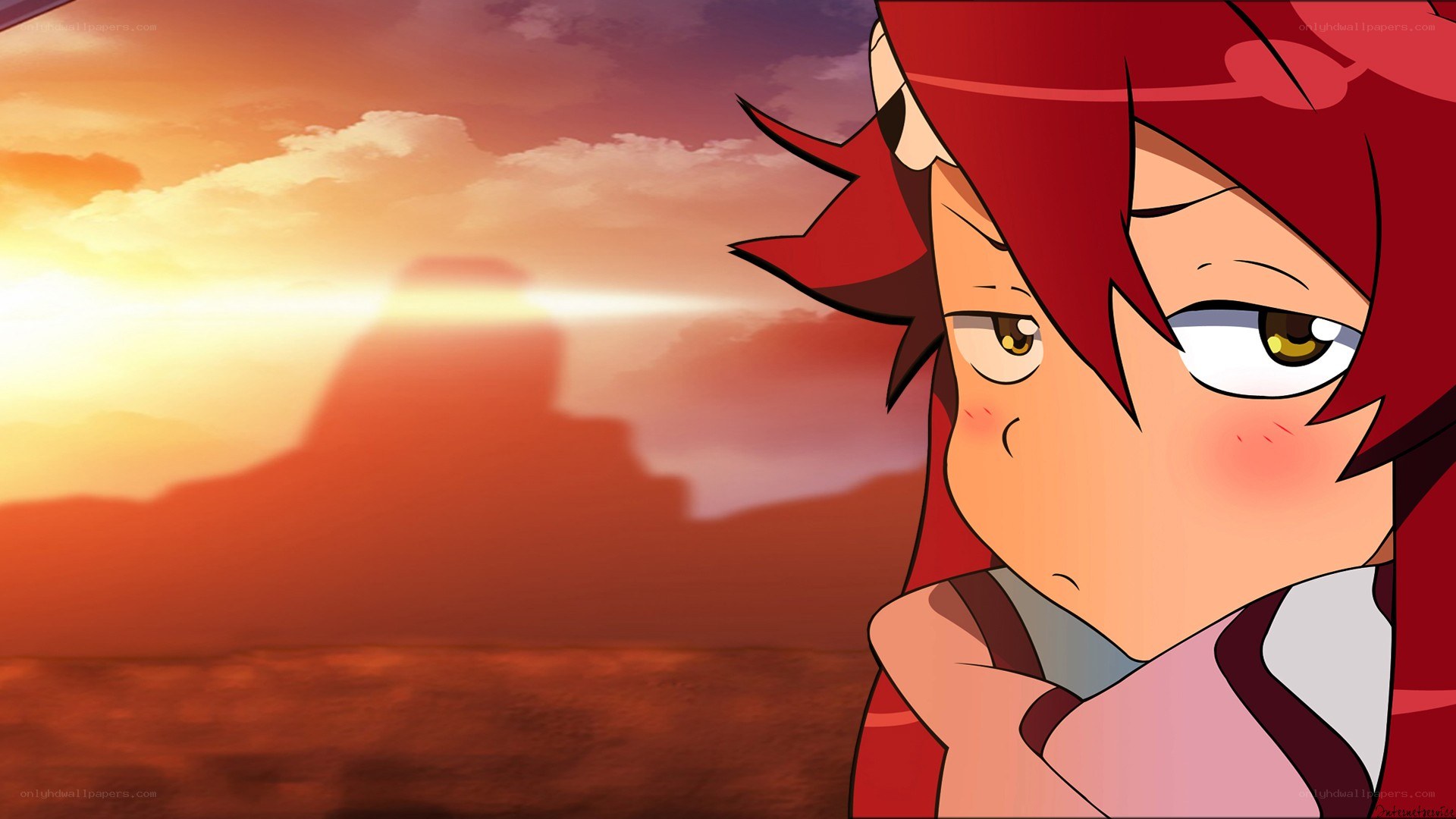 red-haired character at sunset