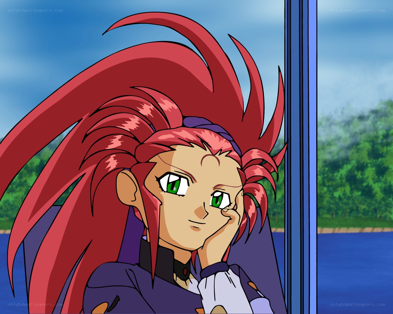 red-haired character by window