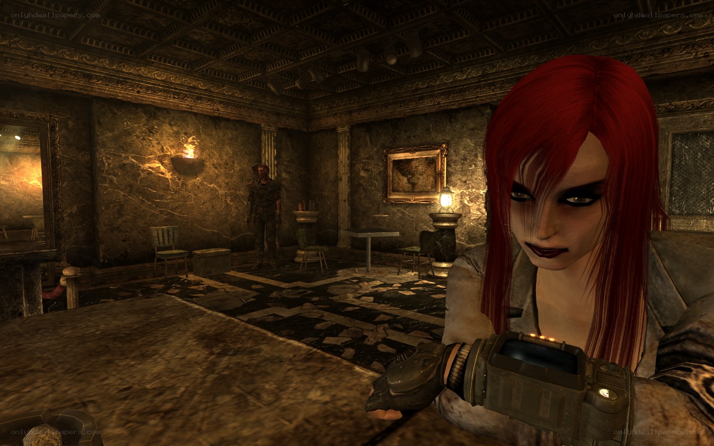 Red-haired character in a dimly lit room