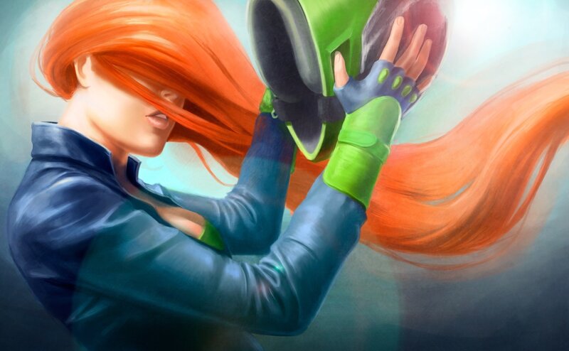red-haired character in action