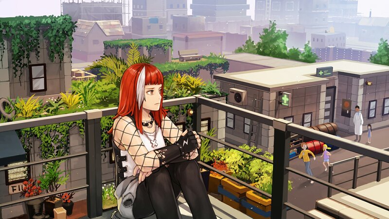 Red-haired Character on Balcony
