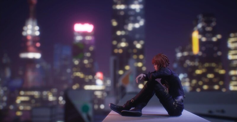 Red-haired Character Sitting — Purple, Contemplative