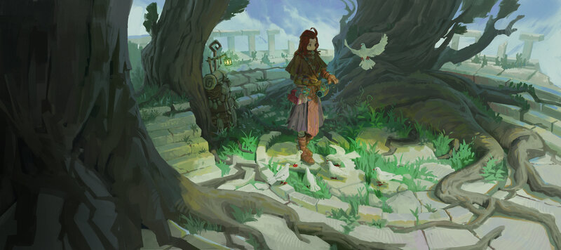 Red-haired Character with Birds — Green