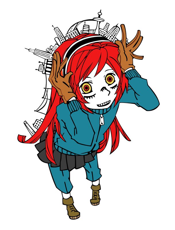 red-haired character with cityscape