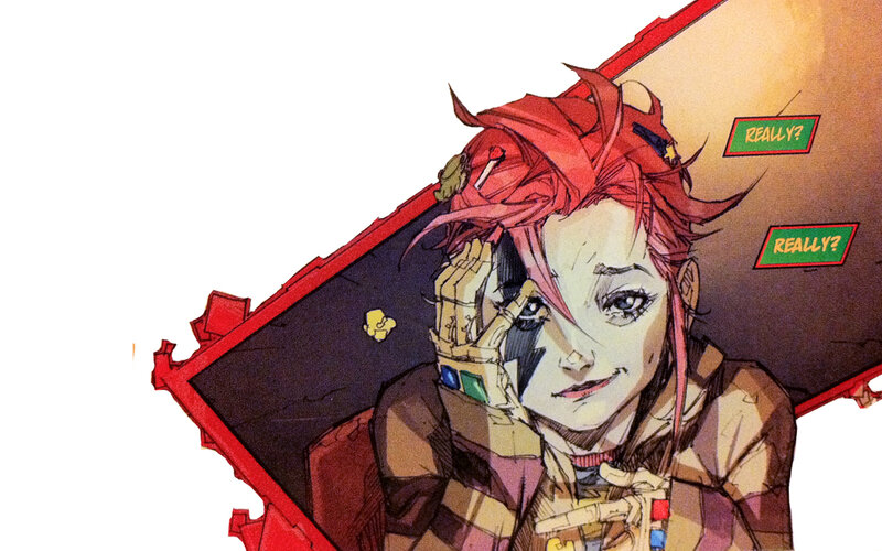 red-haired character with gauntlet