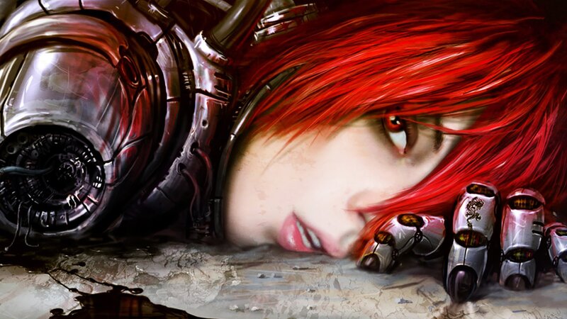 Red-haired Cyborg Woman — Red, Dramatic, Somber