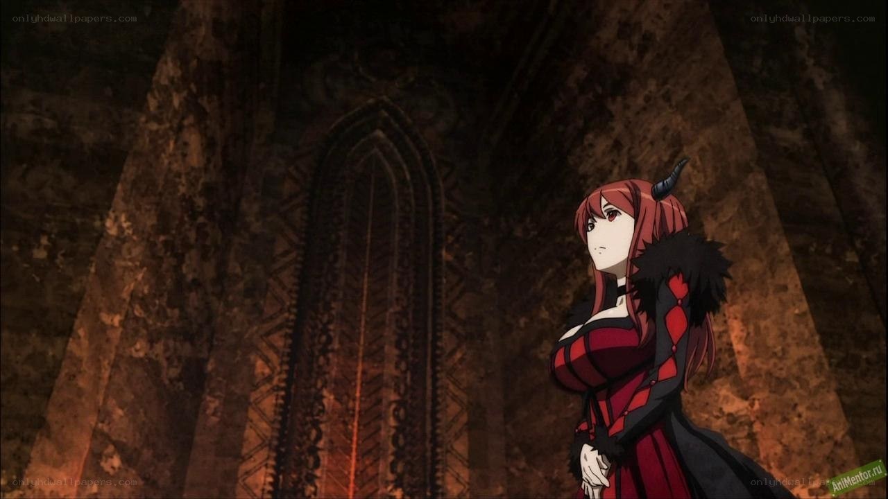 red-haired demon girl in a cathedral