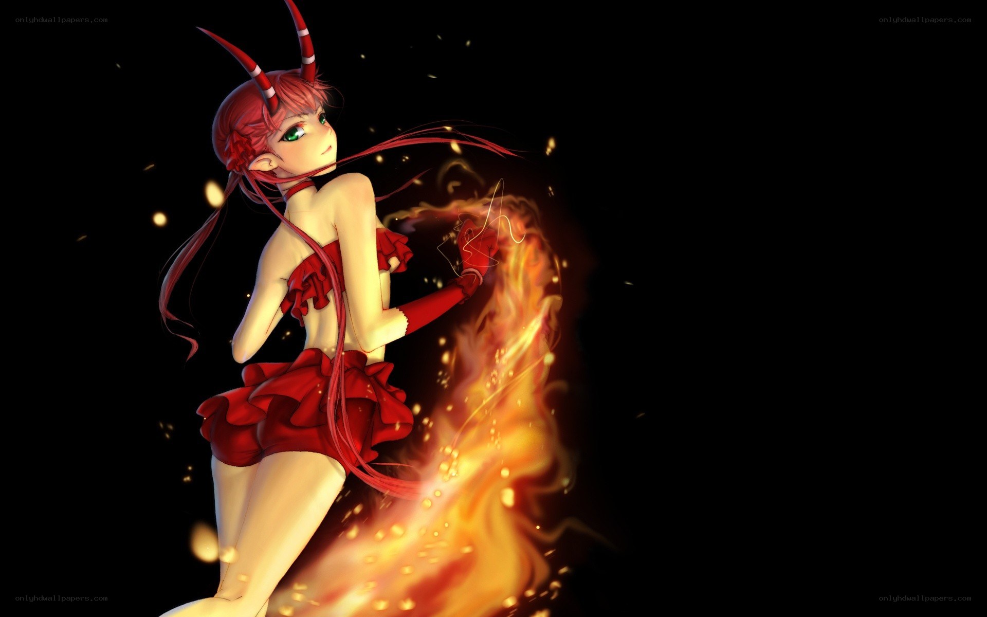 red-haired demon girl with fire