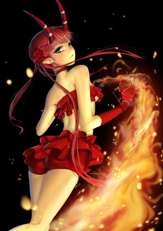red-haired demon girl with fire