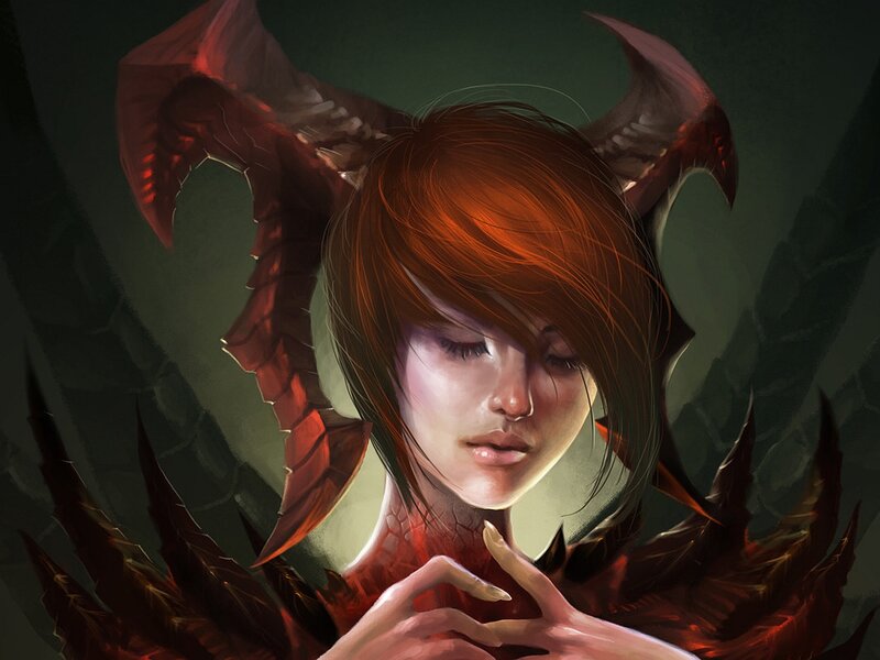 Red-haired Demon Woman — Red, Dramatic, Digital Art, Horns