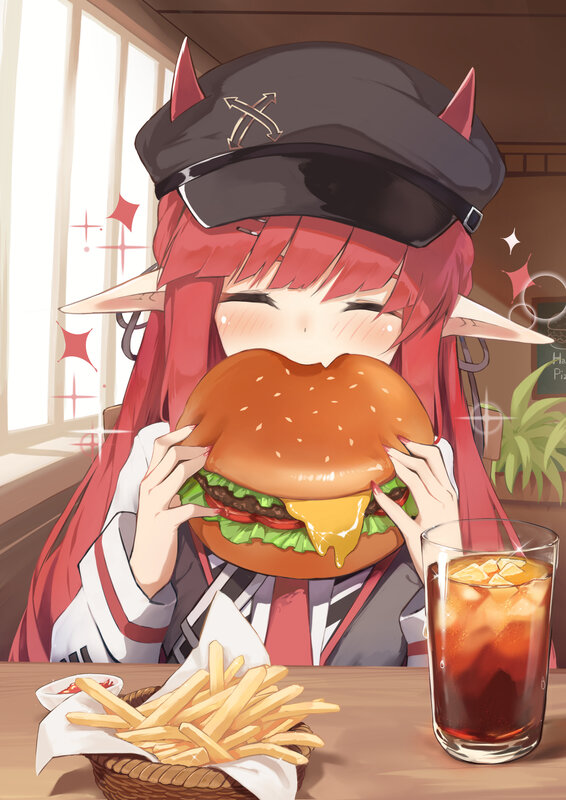 Red-haired Elf Eating Burger