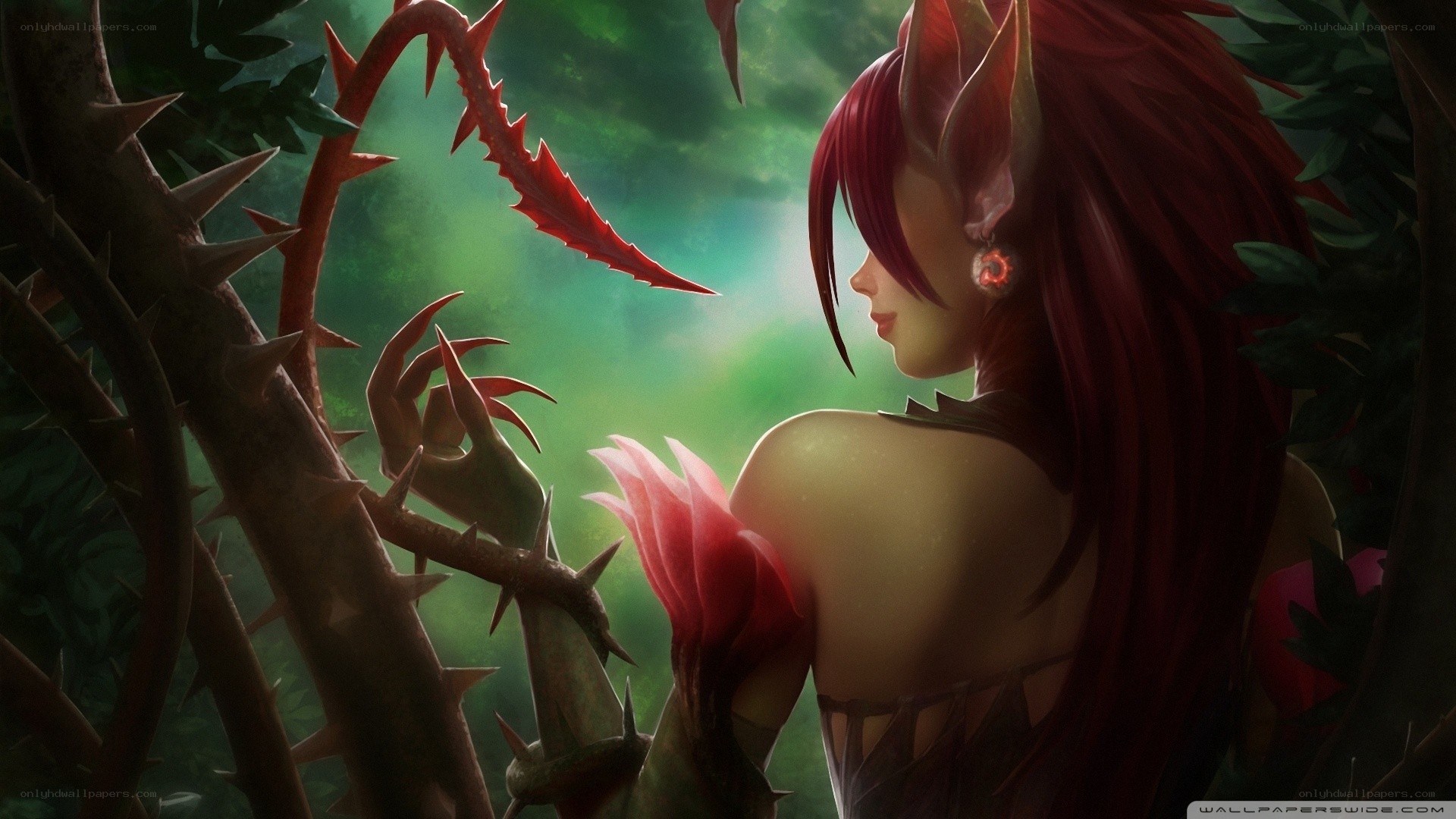 red-haired elf in a thorny forest