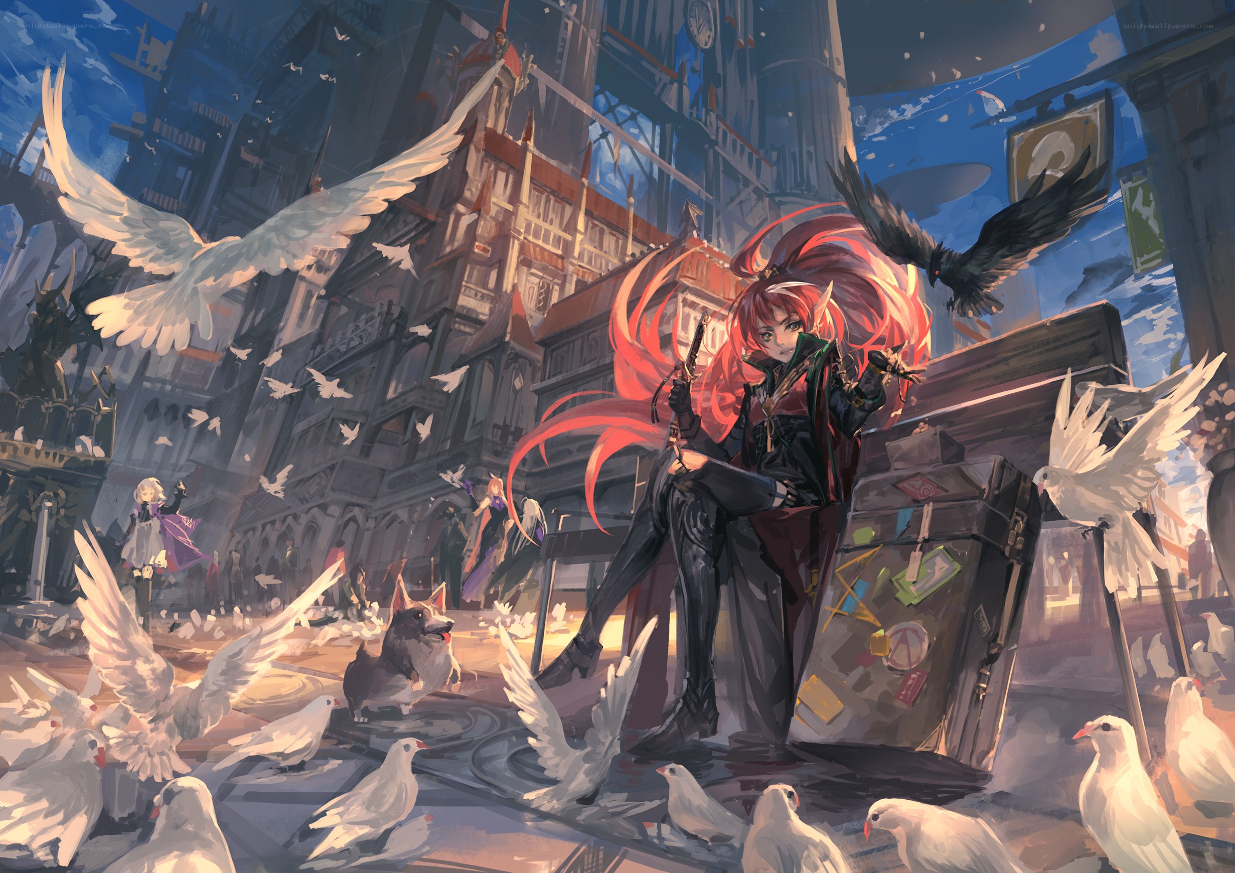 Red-haired elf with birds in a city