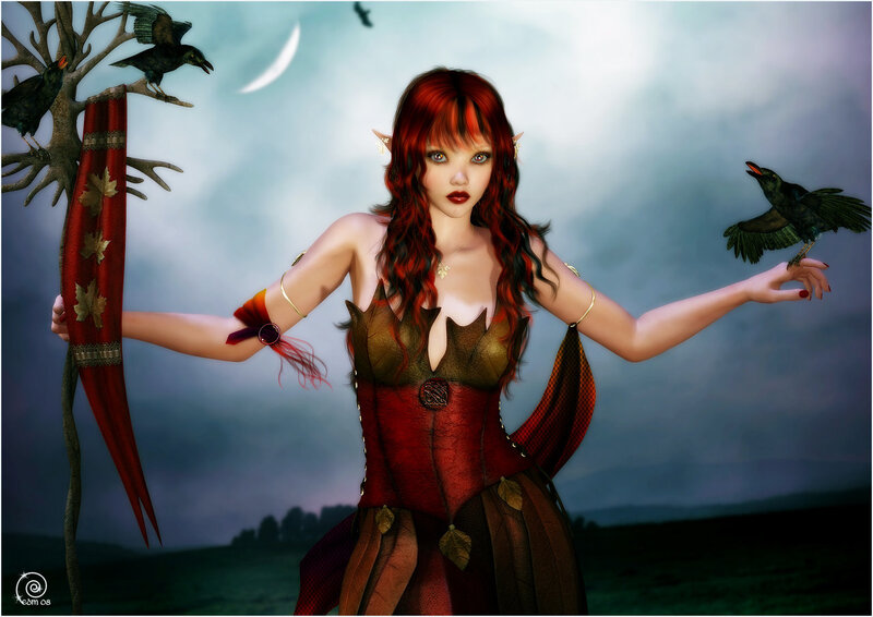 Red-haired elf with crows