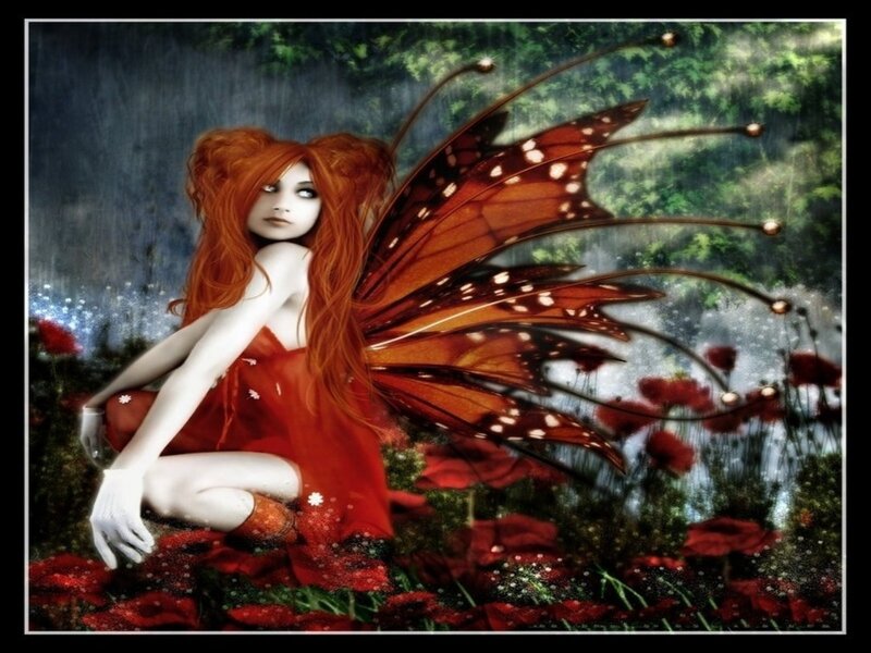 Red-haired fairy in a flower field